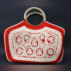 Vintage Felt Purse Red and White Brass handles Unique BoHo